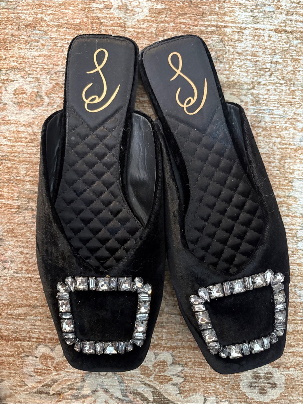 Sam Edelman Black Velvet Crystal-Buckle Slide Mules